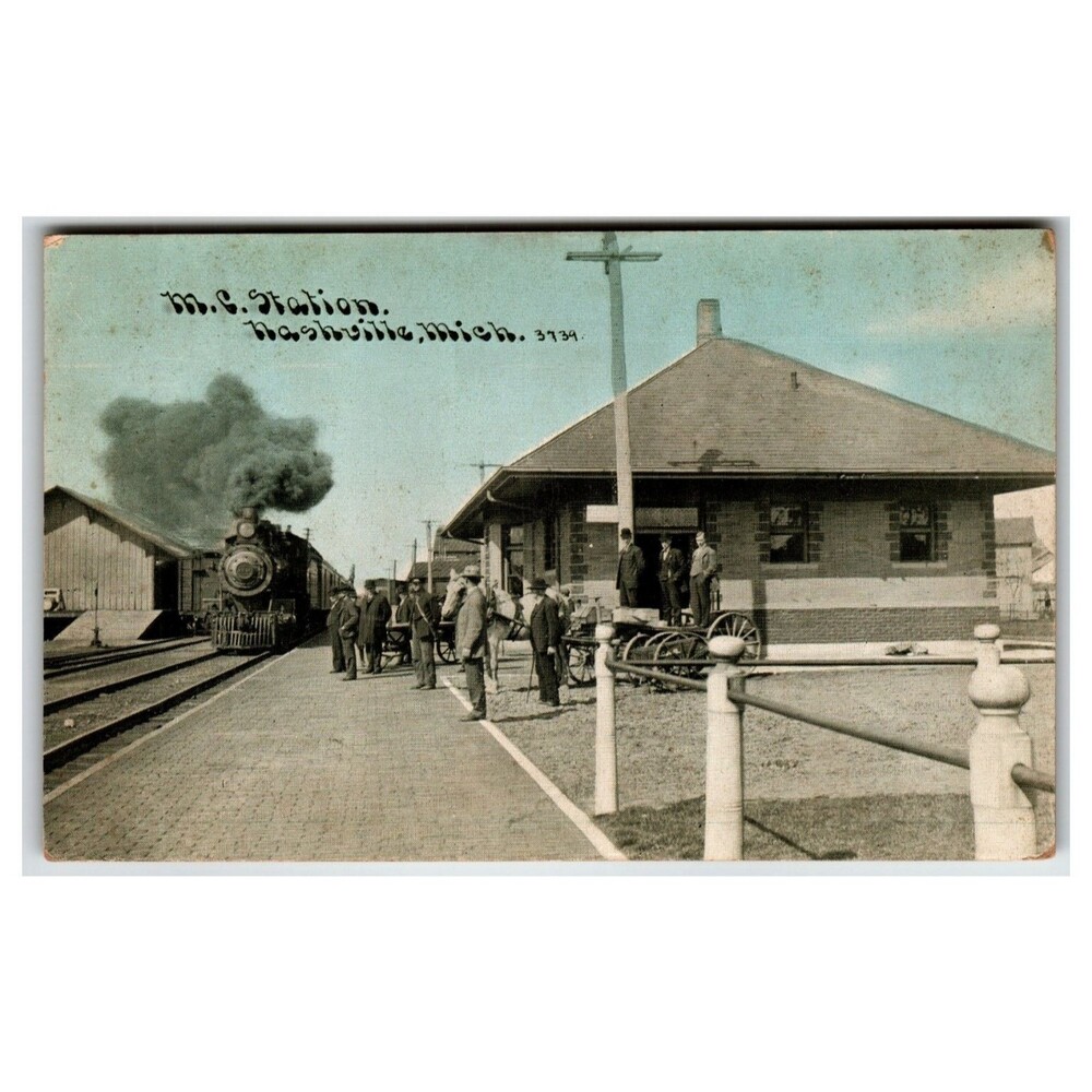 1908 Nashville Michigan M.C. Station Train & People Antique Vintage Postcard